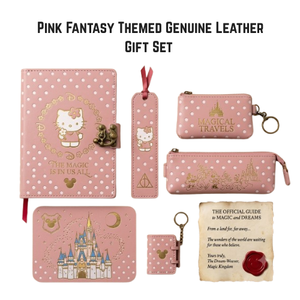 Set de Regalo de Cuero Genuino con Temática de Fantasía Rosa, Hecho a Mano, Incluye Diario, Cartera, Estuche para Lápices, Marcapáginas y Llavero - Product Image 1
