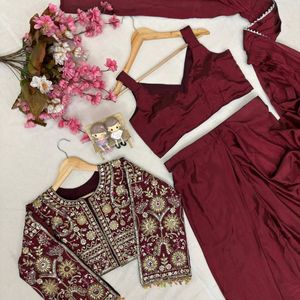 Premium Chinon Silk Lehenga Saree with Embroidered <b>Jacket</b> Koti and Blouse Designer Party Wear Ethnic Set - Product Image 4