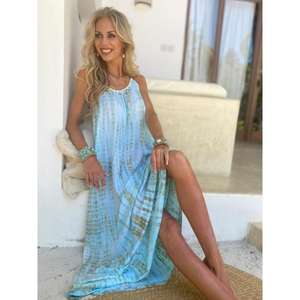 ชุดเดรสยาวสีฟ้าอ่อนลายมัดย้อมสำหรับผู้หญิง สายเดี่ยวแบบสปาเก็ตตี้ สไตล์โบฮีเมียนสำหรับใส่ไปเที่ยวทะเลหรือรีสอร์ทช่วงฤดูร้อน - Product Image 2