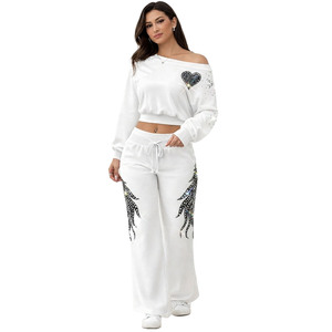 Conjunto de Sudadera Corta con Pedrería para Mujer, Pantalones de Pierna Recta, Corte Holgado, Dos Piezas, Ropa Deportiva, Suministro OEM - Product Image 1