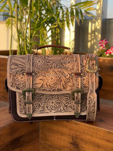Conjunto de maletín y equipaje de cuero con herramientas manuales de alta calidad, bolsos con ruedas florales occidentales con combinación de maleta de viaje Vintage de piel de vaca - Product Image 5