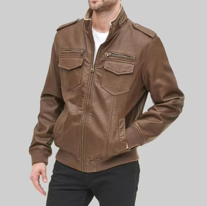 Brown Genuine <b>Leather</b> Men's Zip-Up Bomber <b>Jacket</b> Solid <b>Winter</b> Stand Collar Front Logo Casual Outerwear for Daily Wear - Product Image 3