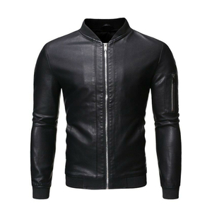 <b>Men's</b> PU Black Leather Stand Collar Zipper Closure Moto Biker Style Solid Slim Fit Autumn Wear Bomber <b>Jacket</b> <b>For</b> Online Sale - Product Image 1