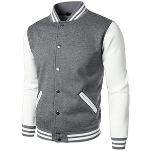 Men's Gray And White Varsity Jacket With PU Sleeves Regular Fit Casual Autumn Wear <b>Turn</b>-down Collar <b>Button</b> Closure - Product Image 3