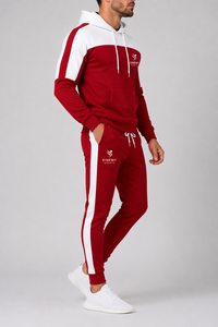 Red White Unisex Winter Casual Printed <b>Tracksuit</b> Hooded Sweatshirt Jogger Pants Side Stripes Custom Logo Sportswear Set - Product Image 6