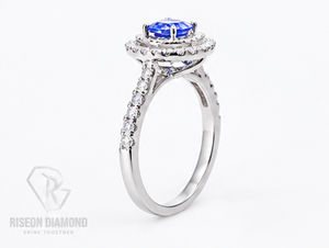 Anillo de compromiso de oro blanco de 18 quilates con diamante azul redondo de fantasía y doble halo, banda pavé de lujo atemporal para aniversario. - Product Image 5