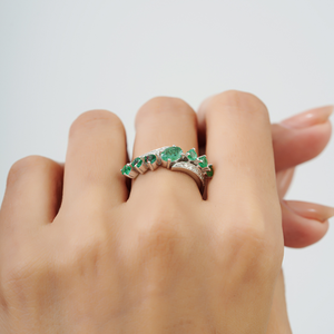 Bague fine de haute qualité, tendance, à motif floral, style bypass, en émeraude naturelle et diamant, pour femmes - Product Image 4