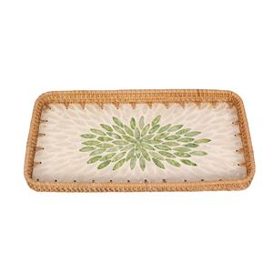 Bandeja de mimbre rectangular al por mayor y superventas con patrón de mosaico de hojas verdes hecha a mano, bandeja decorativa de mimbre para servir - Product Image 1