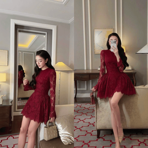 Vestido Casual de Mujer con Cuello Cuadrado de Encaje, Estilo Dulce para Fiesta, Mini, Línea A, Manga Larga, Ajustado, Cintura Natural - Product Image 5