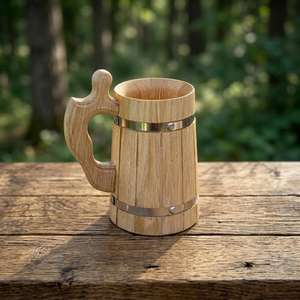Premium Handcrafted Wooden Beer <b>Mug</b> Natural Oak Viking Tankard Rustic Barrel Style Wooden Drinking <b>Mug</b> with Stainless Steel Band - Product Image 1