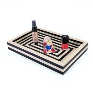 Rectangular Wooden <b>Serving</b> <b>Tray</b> With <b>Black</b> And Cream Geometric Pattern Minimalist Design Dishes And Plates For Home <b>Serving</b> Use - Product Image 4