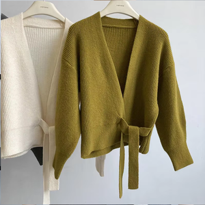 Cárdigan de punto con cuello en V para mujer, top cruzado de manga tres cuartos con cinturón, suéter de otoño - Product Image 3