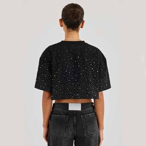 <b>Women's</b> <b>Black</b> Dot Print <b>Crop</b> <b>Top</b> Crew Neck Short Sleeve Loose Fit Casual Jersey T-Shirt With Rhinestone Decoration Spring Summer - Product Image 3
