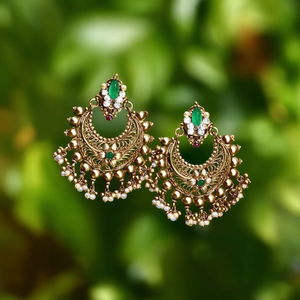 Vintage Gold Plated Chandelier Drop Earrings with Jade Pearl and Diamond - Product Image 3