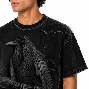 Camiseta Oversize Personalizada para Hombre con Estampado de Cuervo y Lavado Ácido, Estilo Casual de Verano, Hip Hop, Streetwear, Transpirable, 100% Algodón Tejido, Vintage - Product Image 3