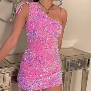 One Shoulder Sequin Polyester <b>Mini</b> Dress For Women Birthday Nightclub Party Event Homecoming Clothing Pink <b>Sparkly</b> Short Apparel - Product Image 1