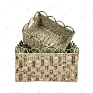 BOTANICAL TRIM Eco-Friendly Rustic <b>Rectangle</b> Green Scallop Woven <b>Storage</b> <b>Basket</b> Set Organizer Box for Entryway - Product Image 3