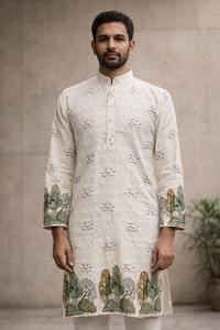 Conjunto de Kurta de Rayón con Estampado Digital y Trabajo Schiffli para Hombre, Diseño Tradicional, con Pantalón Payjama - Product Image 5