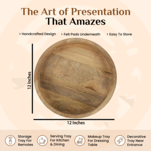 12 Inch Acacia Wooden Round Serving <b>Tray</b> <b>Table</b> Decorative Food Storage Platters With Handles for Kitchen Bathroom Living Room - Product Image 2