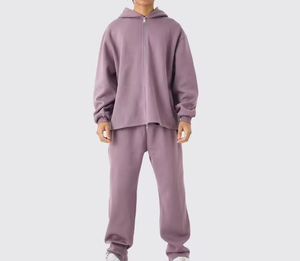ชุดวอร์มมีฮู้ดซิปหน้าขนาดใหญ่สำหรับผู้ชาย – เสื้อสเวตเชิ้ตทรงหลวมสีพื้นและกางเกงจ็อกเกอร์ ชุดลำลองสตรีทแวร์ 2 ชิ้น - Product Image 1