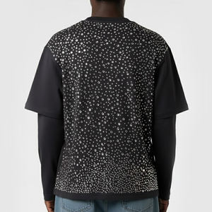 เสื้อยืดคอกลมแขนสั้นผู้ชาย ดีไซน์ประดับเพชรเทียม ผ้าฝ้าย 100% คุณภาพสูง สไตล์วินเทจ เนื้อผ้าหนา - Product Image 2