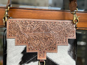 Hot Sale Designer Hand Tooled Carving Leather Fringe Tote Bag Stylish Purse Cowhide Fur Leather Bags for Women's Multi Use - Product Image 2