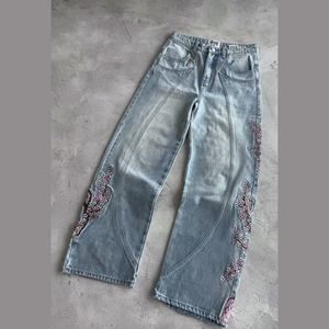 Pantalon en jean taille haute à jambe large avec broderie florale, style vintage délavé, coupe ample en coton, collection printemps - Product Image 1