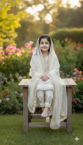 Ensemble Salwar Kameez pour filles en coton de soie GMY pur, broderie florale blanche, coupe régulière, traditionnel, séchage rapide, costume pakistanais - Product Image 2