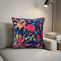 Housse de coussin en velours bleu marine avec imprimé oiseaux et fleurs, coussin décoratif pour canapé, chambre et décoration intérieure