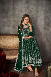 Traje Anarkali verde para mujer, el más vendido, para bodas y fiestas, manga 3/4, tela de red y santoon, semicosturado. - Product Image 3