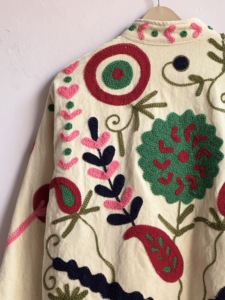 Cream <b>Corduroy</b> Embroidered Suzani <b>Jacket</b> | Folk Art Floral Quilted Bomber | Multi-Color Boho Suzani Style - Product Image 5