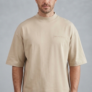 Men's Beige T Shirt High Neck Crew Neck Oversized Short Sleeve Casual Streetwear Minimalist Cotton <b>Tshirt</b> - Product Image 1