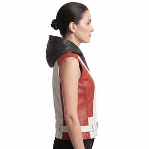 Women's <b>Zipper</b> Multi Pockets Leather Hoodie Vest Ladies Waist Belt Leather Hood Sleeveless High Quality Leather Vest Hooded - Product Image 3