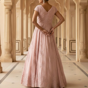 Modern Plus Size Dusty Rose Pink Gown | Designer V Neck Floor Length A Line Evening Dress | Crystal Cap Sleeve Formal Wear Party - Product Image 3