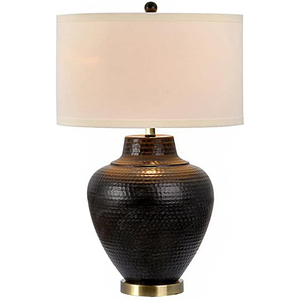 Juego de 2 lámparas de mesa con acabado dorado martillado, elegantes lámparas de noche con base cilíndrica efecto bronce envejecido y pantalla de lino natural en oferta. - Product Image 3