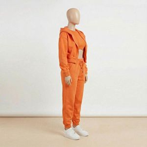 Ensemble de survêtement décontracté pour femme, en molleton de coton, avec sweat à capuche court zippé et pantalon de jogging, couleur orange, style streetwear, deux pièces - Product Image 4