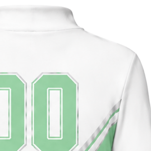 Ensemble uniforme de cheerleading sublimé vert menthe et blanc à manches longues avec jupe plissée pour l'entraînement et la performance sportive d'équipe - Product Image 4
