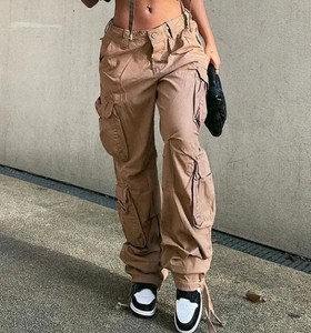 Pantalon cargo ample pour femme, taille haute, 100% coton toile, broderie unie, 6 poches, style utilitaire, collection automne - Product Image 5