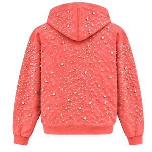 Sweat à capuche zippé rose corail perlé, orné de cristaux étincelants, style streetwear, à manches longues, avec poche avant - Product Image 2