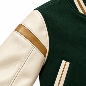 Premium Dark Green Varsity <b>Jacket</b> with Cream <b>Leather</b> Sleeves <b>Brown</b> Accent Custom Letter Patch - Product Image 6