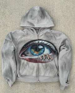 Sweat-shirt unisexe gris à capuche avec fermeture éclair, imprimé œil par sublimation, décontracté, coupe oversize, en molleton bouclette, pour l'automne - Product Image 1