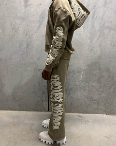 Ensemble de survêtement homme hiver personnalisé, coupe évasée, effet délavé et usé, sweat à capuche et pantalon de jogging, 100% coton, séchage rapide - Product Image 2