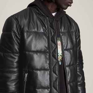 Blouson en cuir matelassé léger et imperméable de couleur unique, style fermeture éclair, pour homme – Nouveauté - Product Image 1