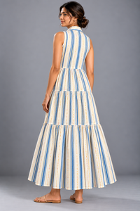 Vestido Camisero Maxi a Rayas de Algodón Cambray para Mujer – Vestido de Verano sin Mangas con Volantes de 120 GSM, Tejido de Algodón Suave para Primavera/Verano - Product Image 2