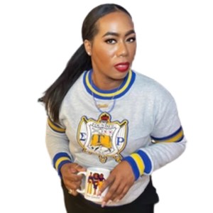 เสื้อสเวตเชิ้ต Sigma Gamma Rho Chenille Crest สำหรับผู้หญิง สีเทา น้ำเงิน เหลือง ลายทาง แขนเสื้อแบบแร็กแลน มีกระเป๋า คอกลม เสื้อพูลโอเวอร์สำหรับชมรมนักศึกษา - Product Image 1