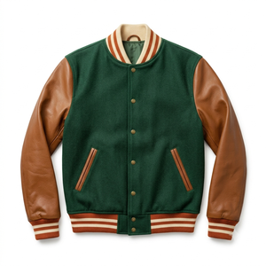 <b>Men's</b> Green Varsity <b>Jacket</b> With Brown <b>Leather</b> Sleeves Turn-down Collar Button Closure Autumn Casual Outerwear Regular Fit - Product Image 1