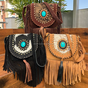 Sac à franges en cuir de vachette et daim produits en gros sac à main à bandoulière et bandoulière en cuir de haute qualité pour femmes avec pierre turquoise - Product Image 4