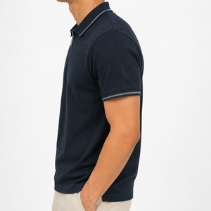 Pull décontracté classique pour homme à col zippé, tricoté avec bordures contrastées sur le col et les poignets, manches courtes, qualité supérieure pour usage quotidien, personnalisable OEM/ODM - Product Image 2