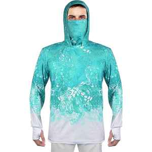 Men's Teal Gradient Printed Fishing Hoodie With <b>Face</b> Mask Thumb Holes Upf 50+ Anti-Uv Performance <b>Shirt</b> - Product Image 2