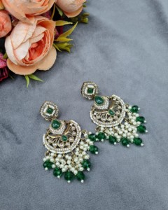 Designer Pear Cut Gem Stone Chandbali With Pearl Drop <b>Dangle</b> <b>Earrings</b> For Womens Traditional Festive and Party Wear Manufacturer - Product Image 4